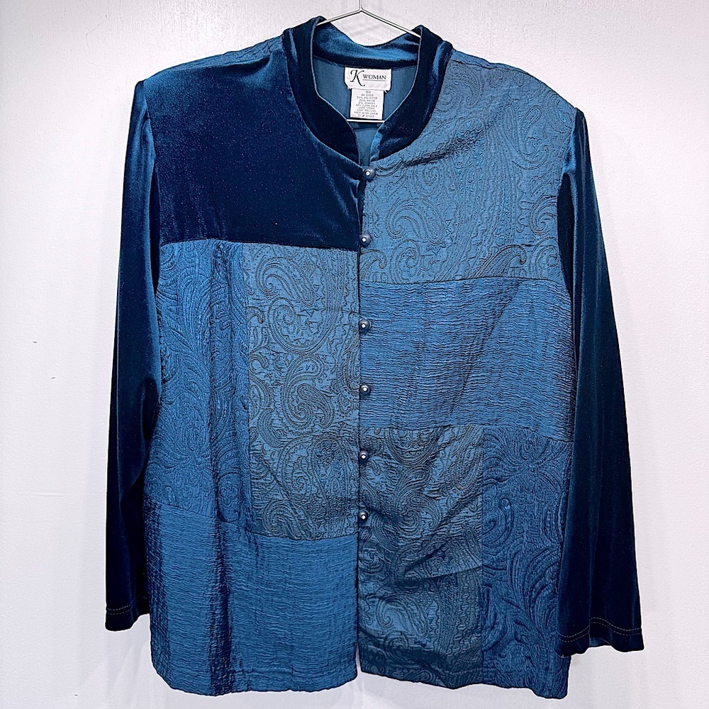 Vintage Y2K Velvet Satin Patchwork Long Sleeve Button Front Top Deep Turquoise